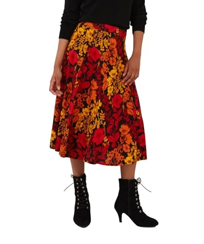 Women's Autumnal Floral Midi Skirt, Regular Fit, Black, UK 14