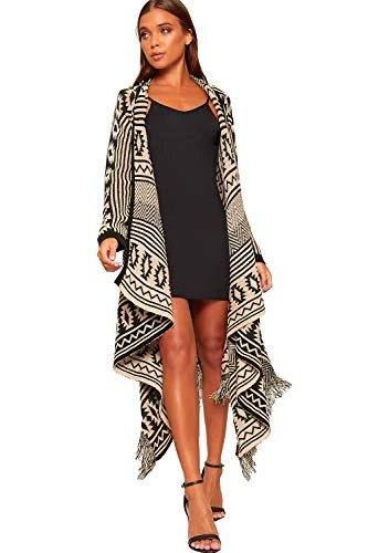 Women's Aztec Knitted Tassle Long Waterfall Open Cardigan Ladies Maxi Shawl - Mocha - 8-10