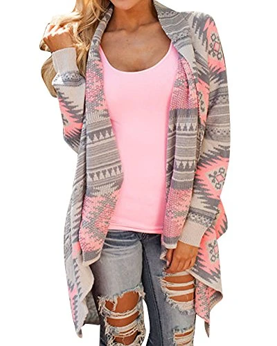 Women's Aztec Print Drape Open Front Geometrical Pattern Sweaters Red X-Large