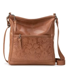 Women's Bag Iris Crossbody in Leather, Casual Purse with Adjustable Strap & Zipper Pockets, Tobacco Floral Embossed, One Size