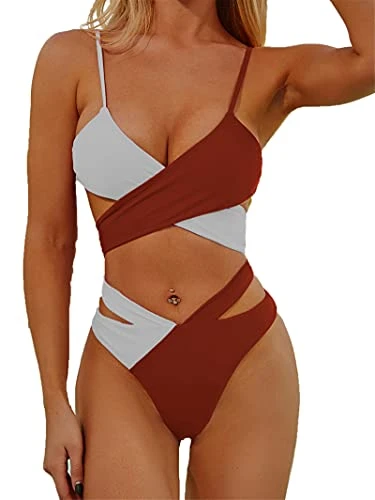 Womens Bandage Bikini Set Padded Bra Swimsuit Color Contrast Leopard Beachwear Bathing Suit High Cut Swimsuits Bathing Suits