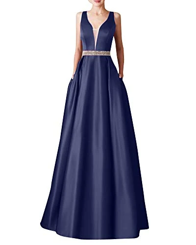 Women's Banquet Evening Dress V-Neck Solid Color Casual Long Dress Sleeveless Dress Navy XXXL