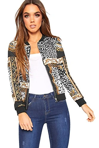 Women's Baroque Leopard Scarf Print Long Sleeve Zip Bomber Jacket Ladies Coat Top - Black White - 14