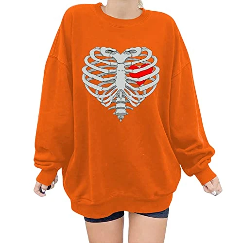 Women's Basic Crew Neck Long Sleeve Sweatshirt in Plus Size with Crew Neck, Long Sleeve, Loose Pullover Sweatshirt Pullover Casual Loose Tops Shirts, orange, XXL