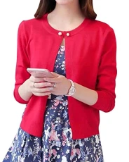 Womens Basic Round Neck Fine Knit Cardigan Jacket Short Coats Red L