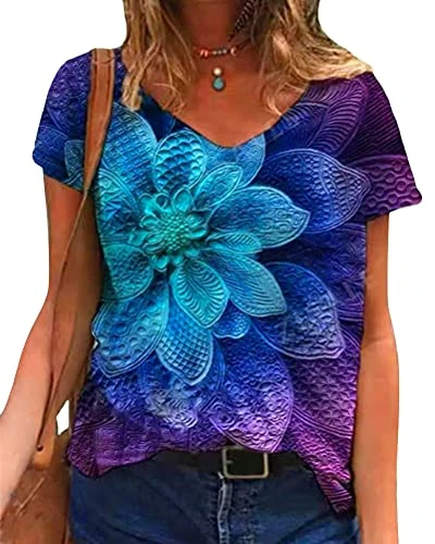 Women's Basic V Neck Short Sleeve Floral T Shirts Summer Graphic Printed Casual Tops Loose Blouse Te