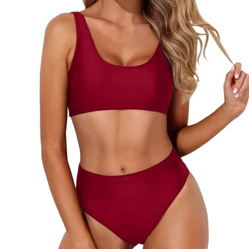 Womens Bathing Suits UK Ladies Two Pieces Swimsuit High Waisted Bikini Set Sporty Racerback High Scoop Neck Bathing Suits Crop Top with Bottom Bikini Suit