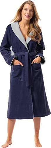 Women's Bathrobe Cotton Terry Velour Long, Navy/Light Grey, L