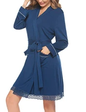 Women's Bathrobe Lightweight Dressing Gown Short Negligee Kimono with Pockets V Neck Sauna Gown Loungewear S-XXL - Blue - Large