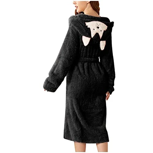 Womens Bathrobes Short Satin Kimono Women'S Double Pocket 3d Ear Hooded Flannel Bathrobe Soft and Warm Double Faced Velvet Bathrobe Pajamas and Home Wear Womens House Coat Robes Long Quilted