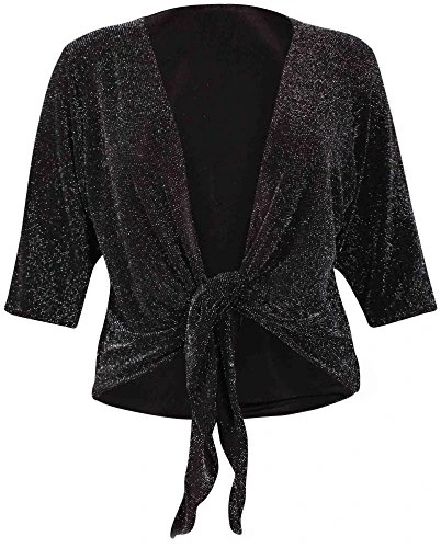 Womens Batwing Short Sleeve Ladies Stretch Sparkle Glitter Front Tie Bolero Shrug Cardigan Top Plus 