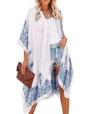 Women's Beach Cover up Swimsuit Kimono Cardigan Boho Floral Print Loose Casual Swimwear Blue