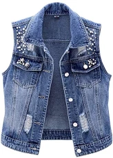 Women's Beading Pearls Sleeveless Denim Vest Jean Waistcoat Jacket (UK 14, Blue)