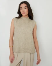 Women's Beige Basket Stitch Knitted High Neck Vest