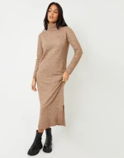 Women's Beige Knitted Roll Neck Maxi Dress