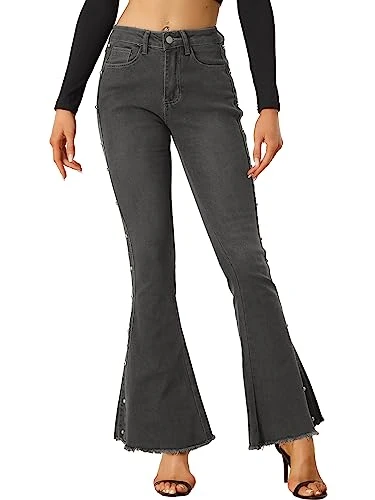 Women's Bell Bottom Jeans Casual Beaded Raw Hem Stretch Flared Denim Pants, Grey, XXL