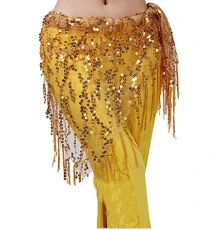 Women's Belly dance Hip Scarf With Sequins Chiffon Skirts Wrap One Size Yellow