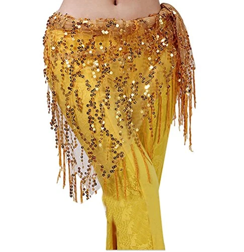 Women's Belly dance Hip Scarf With Sequins Chiffon Skirts Wrap One Size Yellow