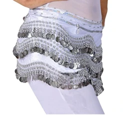 Women's Belly Dance Hip Skirt Scarf Wrap Belt Hipscarf with Coins One Size White Silver