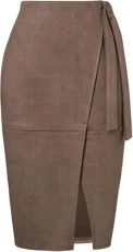Women's Below Knee Faux Suede Midi Skirt High Waist with Side Tie Detail and Hidden Back Zip for Office Coffee M