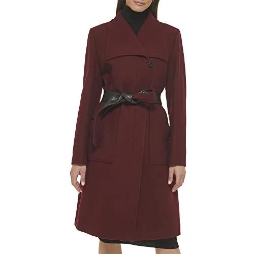 Women's Belted Coat Wool with Cuff Details, Burgundy, 6