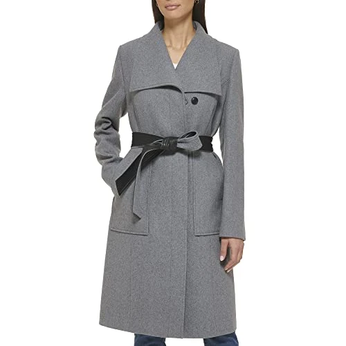 Women's Belted Coat Wool with Cuff Details, Lt Grey, 6