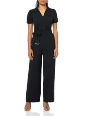 Women's Belted Desk to Dinner Polo Collar Ruched Sleeve Dress, Black, 12 Women's Belted Desk to Dinner Polo Collar Ruched Sleeve Dress, Black, 12