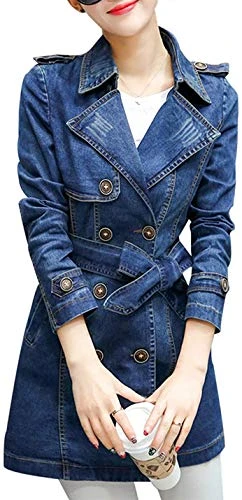 Women's Belted Double Breasted Long Denim Jean Jacket Trench Coat (UK 14, Blue)