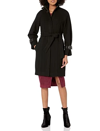 Women's Belted Raglan Melton Wool Coat, Black, 12