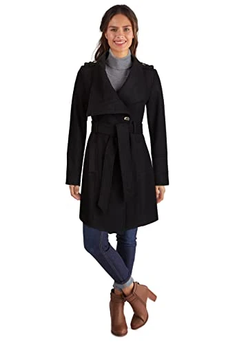 Women's Belted Softshell Coat With Hood Transitional Jacket, Black, L UK