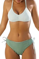 Women's Bikini Set Back Braided Straps Lace Up Bikini Reversible Bottom Two Piece Swimwear Bathing Suits Green Stripe M