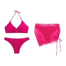 Women's Bikini Set Push Up Women's 3-Piece Swimsuits Halterneck Bikini Set with Cover-Up Skirt Swimsuit Swimsuits Beachwear 3-Piece Bikini Sets Sexy Swimwear Swimwear 3 Pieces, Hot Pink, XL