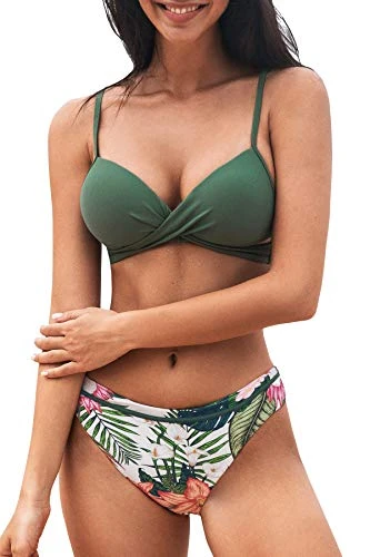 Women's Bikini Set Push Up Wrap Front Bikini Ruched Two Piece Swimwear Bathing Suits Olive Green M