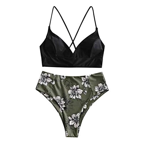 Women's Bikini Set Swimsuit Women's Bikini Top Women's Two Piece Swimsuit Lace Breathable Women Two Piece Floral Print Split Set Swimsuit Bikini Swimming Overall, black, L