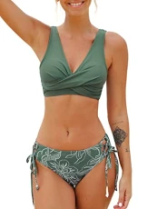 Women's Bikini Set Twist Front Tie Side Bikini Swimsuit Two Piece Swimwear Bathing Suits Dark Green M