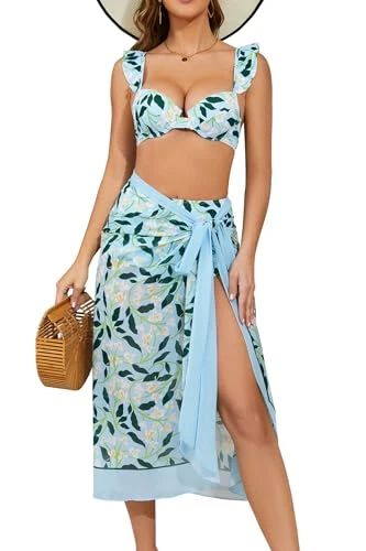 Women's Bikini Sets 3 piece with Long Matching Beach Warp Skirt Tummy Control Push up Adjustable Vintage Printed High Waisted Bathing Suits for Women, Blue, L