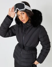 Women's Black Belted Puffer Ski Jacket