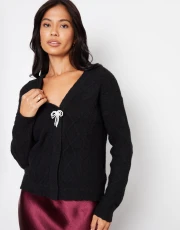 Women's Black Bow Detail Cable Knit Cardigan