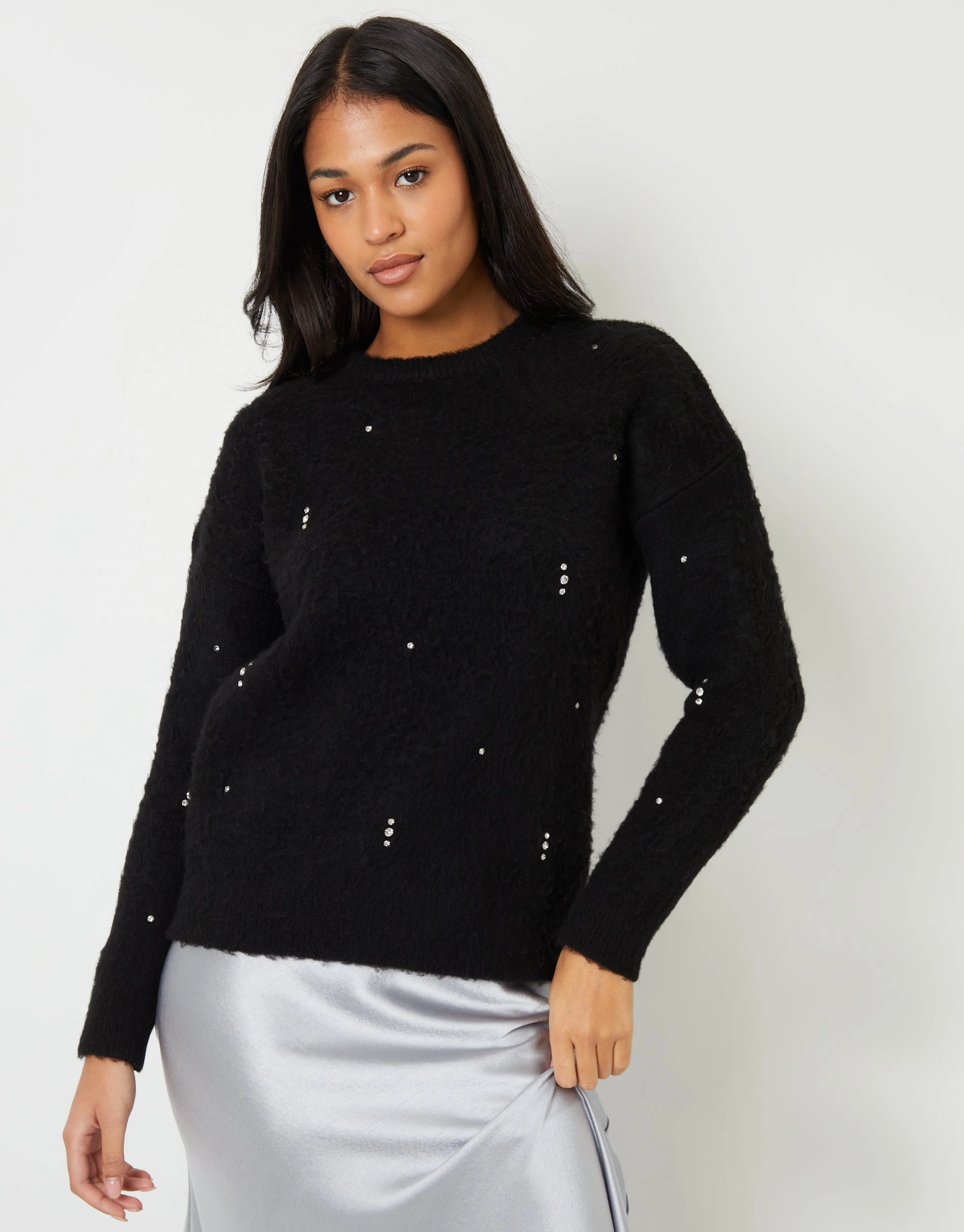 Women's Black Brushed Knitted Diamante Embellished Jumper