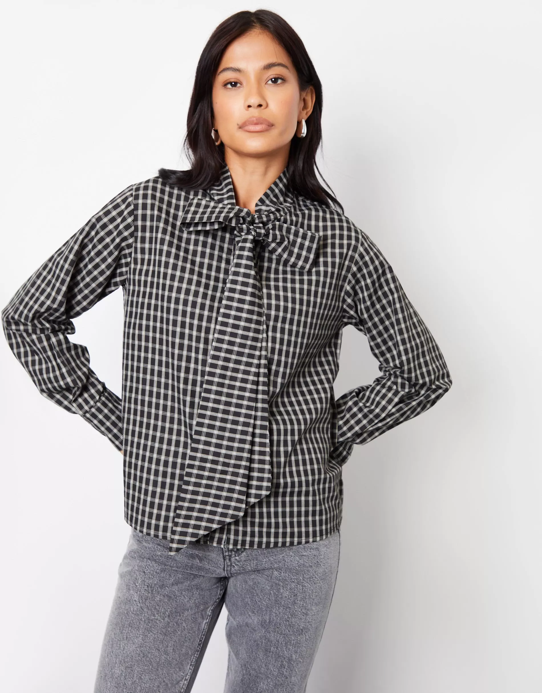 Women's Black Check Pussybow Detail Long Sleeve Shirt