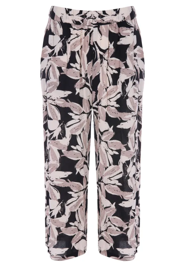 Womens Black & Cream Leaf Print Culotte Trousers