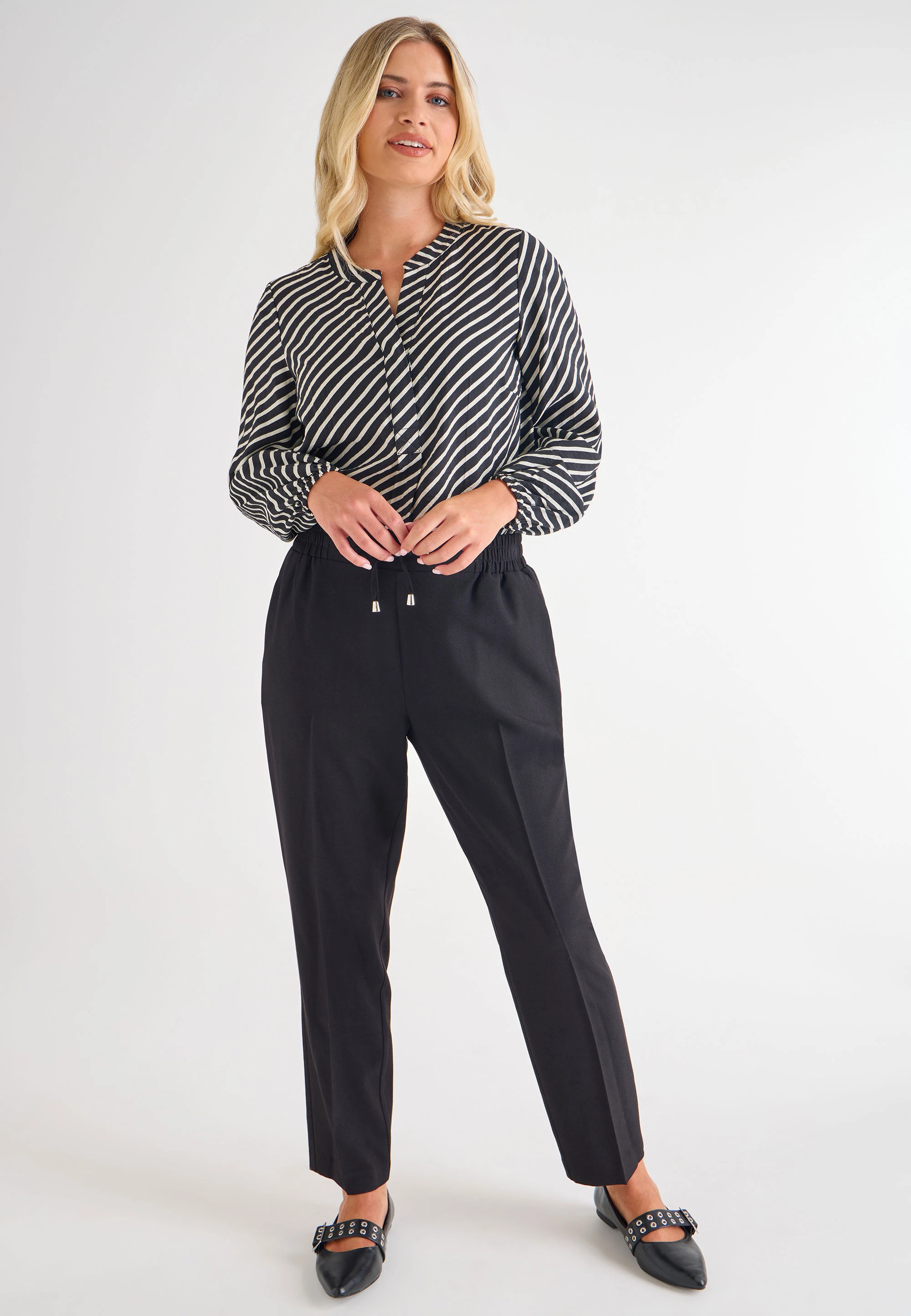 Womens Black & Cream Stripe Overhead Blouse