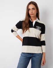 Women's Black & Cream Stripe Paris Embroidery Rugby Shirt