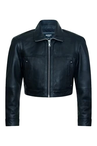 Womens Black Cropped Classic Biker Leather Jacket