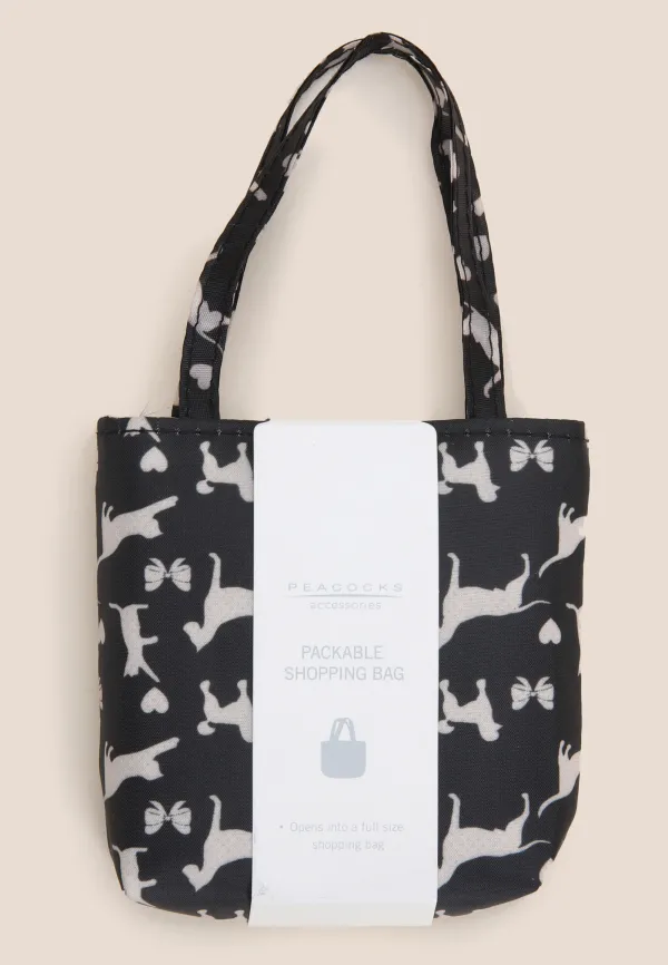 Womens Black Dog Foldable Shopper Tote Bag