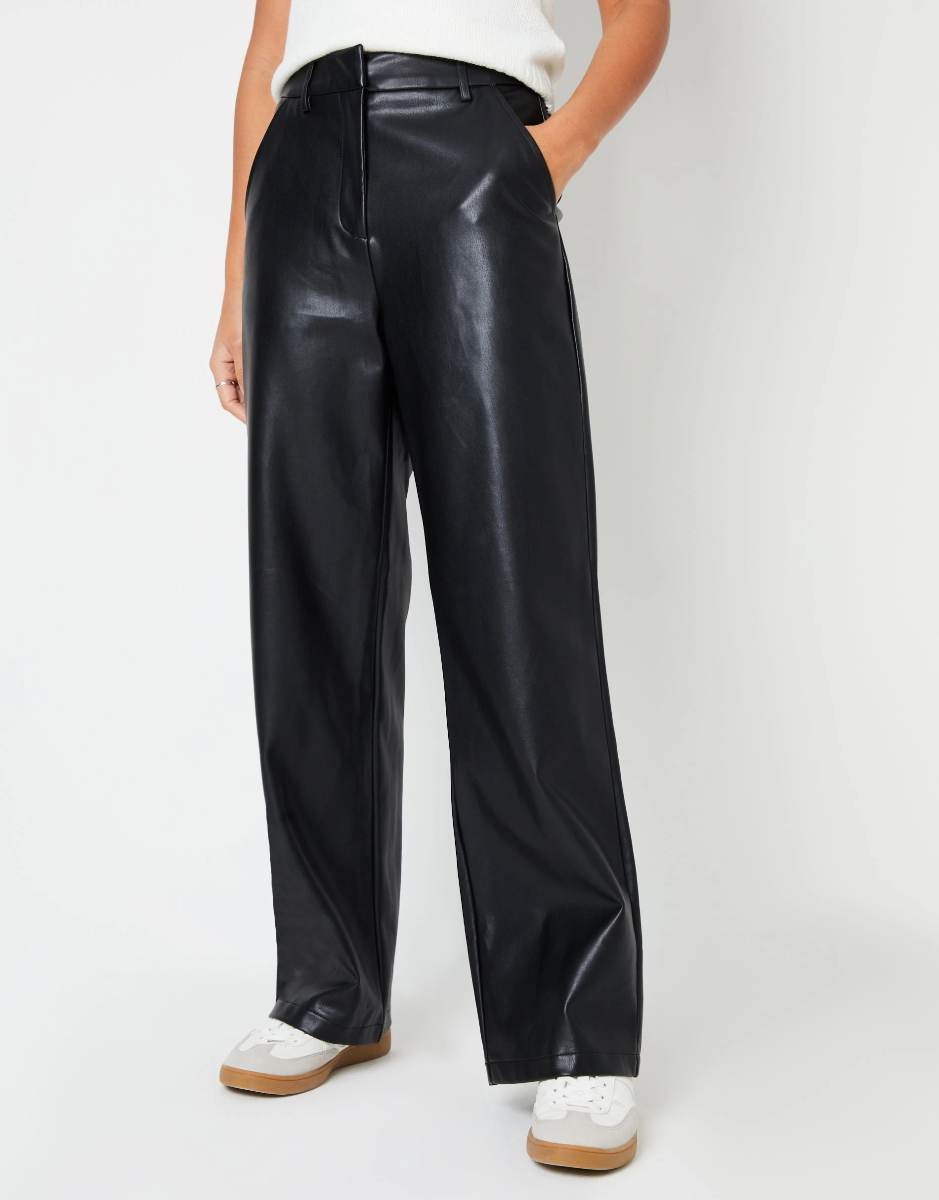 Women's Black Faux Leather PU Wide Leg Trousers