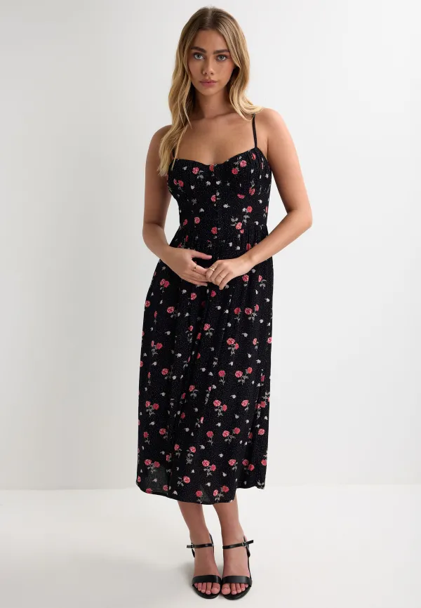 Womens Black Floral & Polka Dot Corset Dress
