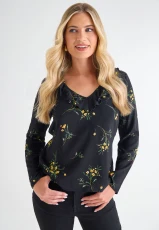 Womens Black Floral Print Ruffle Top Womens Black Floral Print Ruffle Top