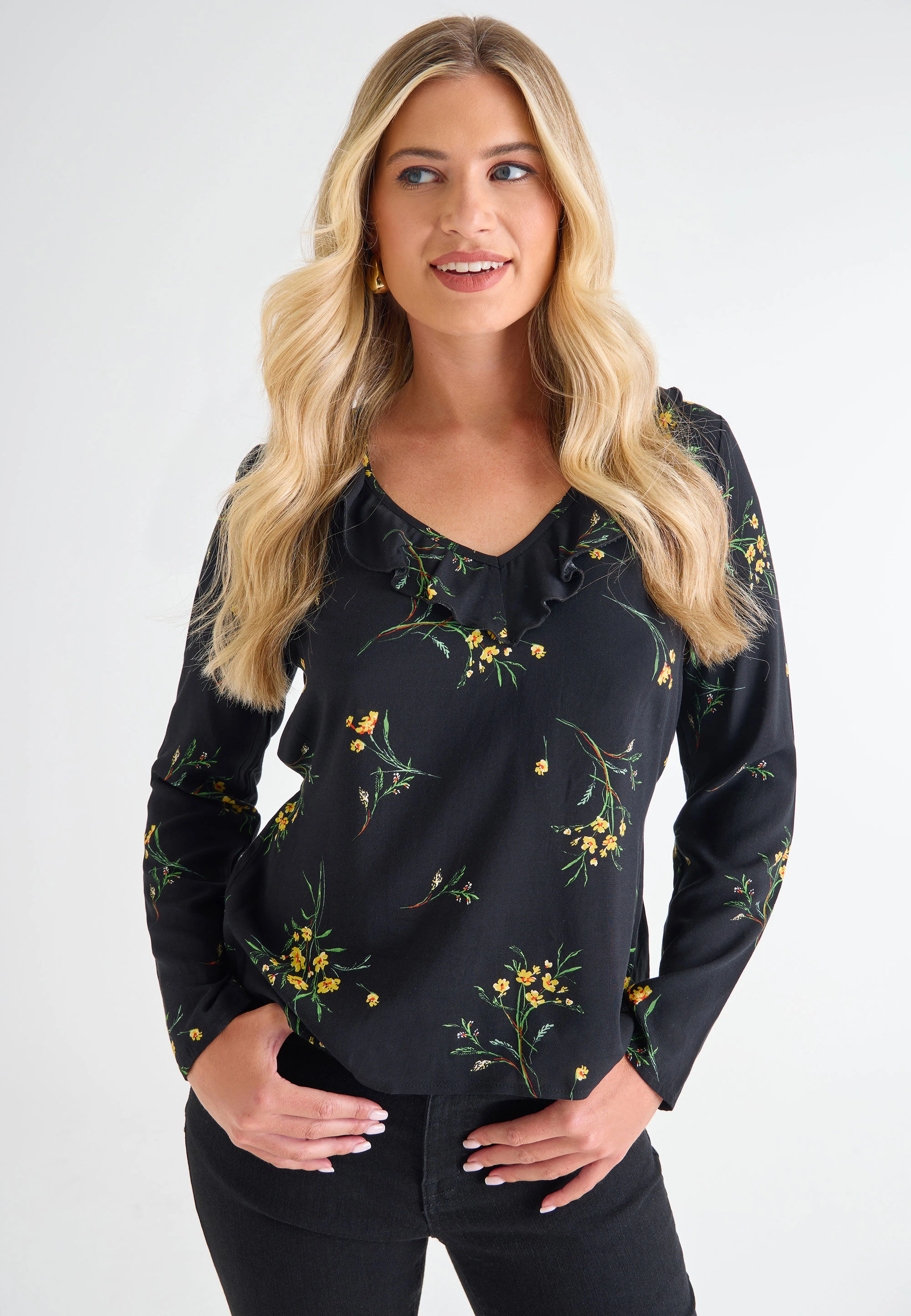 Womens Black Floral Print Ruffle Top