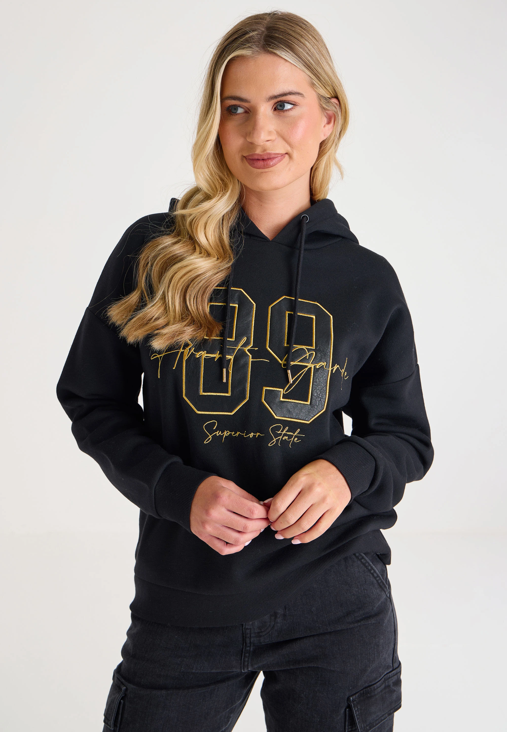Womens Black & Gold Embroidery Slogan Hoodie